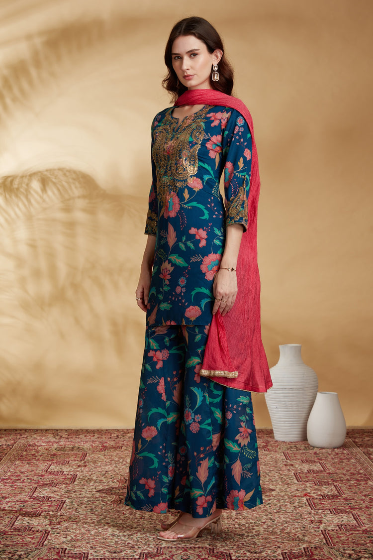 Navy Blue Chinnon Embroidered Kurta Pant and Dupatta Suit Set
