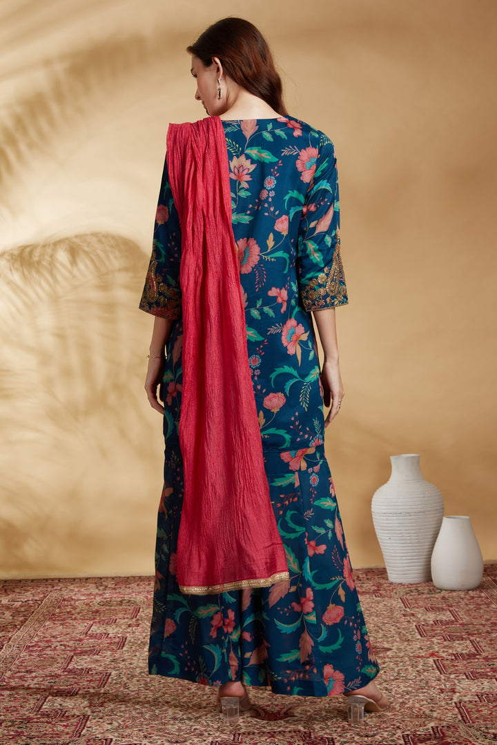 Navy Blue Chinnon Embroidered Kurta Pant and Dupatta Suit Set