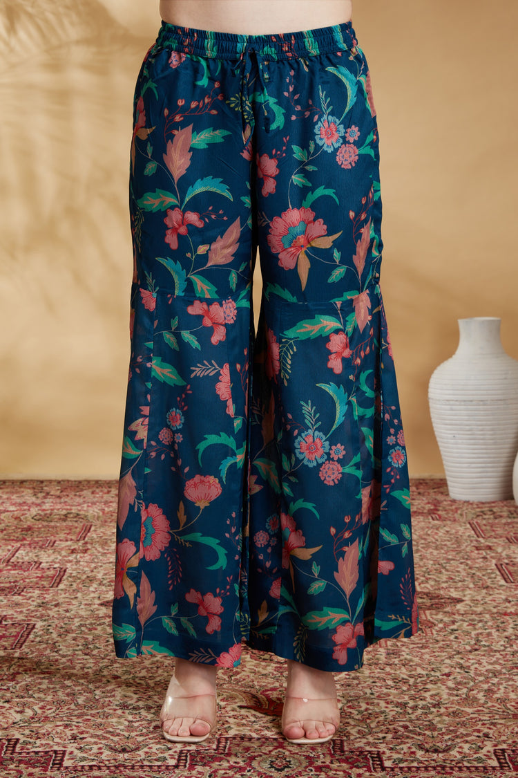 Navy Blue Chinnon Embroidered Kurta Pant and Dupatta Suit Set