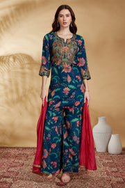 Navy Blue Chinnon Embroidered Kurta Pant and Dupatta Suit Set
