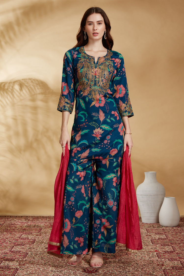 Navy Blue Chinnon Embroidered Kurta Pant and Dupatta Suit Set