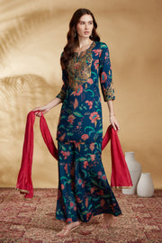 Navy Blue Chinnon Embroidered Kurta Pant and Dupatta Suit Set