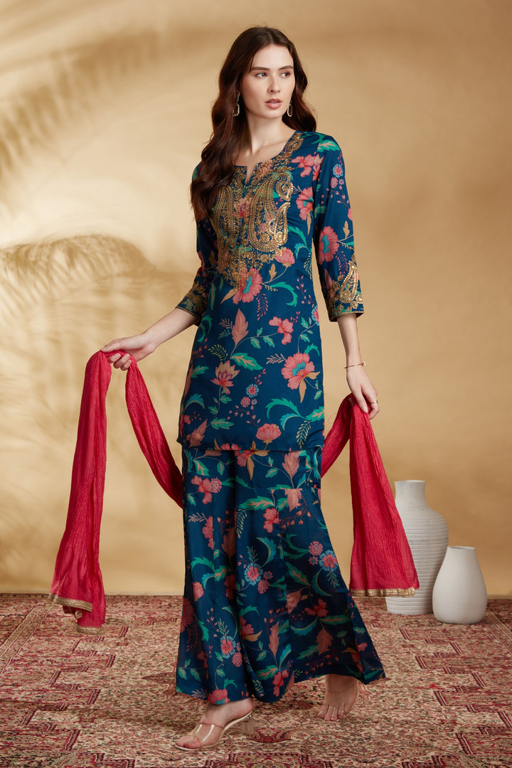 Navy Blue Chinnon Embroidered Kurta Pant and Dupatta Suit Set