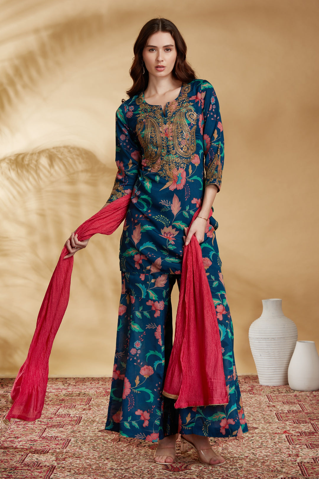 Navy Blue Chinnon Embroidered Kurta Pant and Dupatta Suit Set