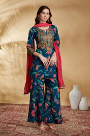 Navy Blue Chinnon Embroidered Kurta Pant and Dupatta Suit Set