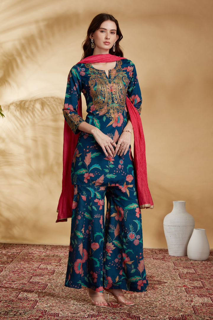 Navy Blue Chinnon Embroidered Kurta Pant and Dupatta Suit Set