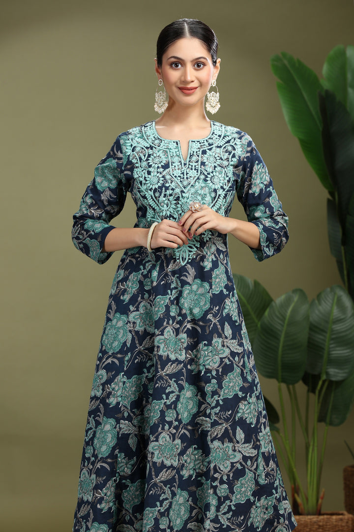 Navy Blue Cotton Embroidered Straight Kurta Pant Co ord Set