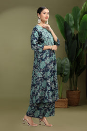 Navy Blue Cotton Embroidered Straight Kurta Pant Co ord Set