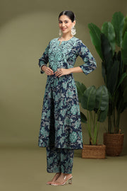 Navy Blue Cotton Embroidered Straight Kurta Pant Co ord Set