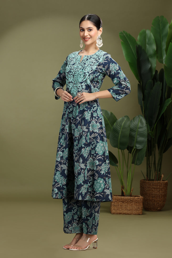 Navy Blue Cotton Embroidered Straight Kurta Pant Co ord Set