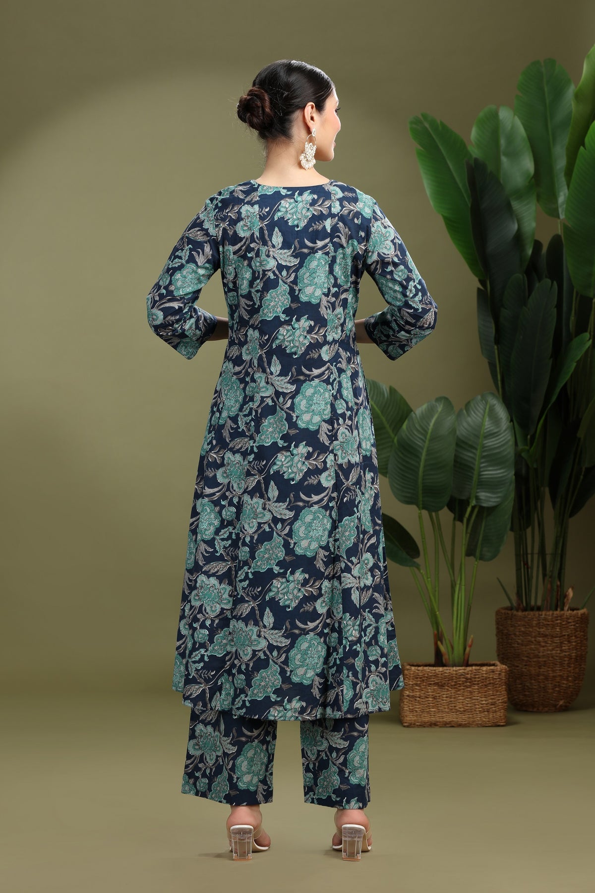 Navy Blue Cotton Embroidered Straight Kurta Pant Co ord Set