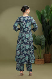 Navy Blue Cotton Embroidered Straight Kurta Pant Co ord Set