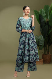 Navy Blue Cotton Embroidered Straight Kurta Pant Co ord Set