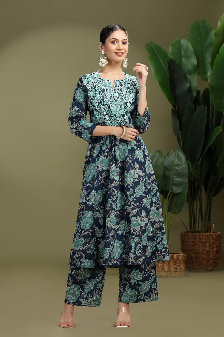 Navy Blue Cotton Embroidered Straight Kurta Pant Co ord Set