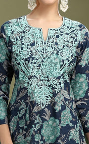 Navy Blue Cotton Embroidered Straight Kurta Pant Co ord Set