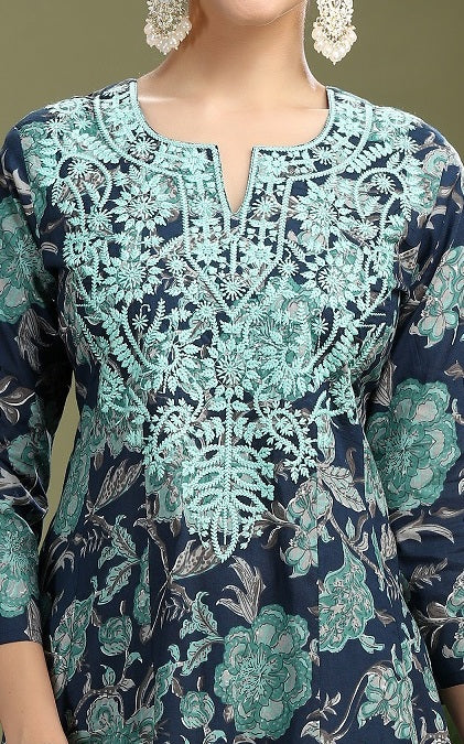 Navy Blue Cotton Embroidered Straight Kurta Pant Co ord Set