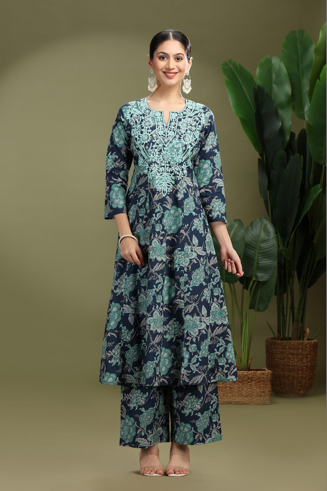 Navy Blue Cotton Embroidered Straight Kurta Pant Co ord Set