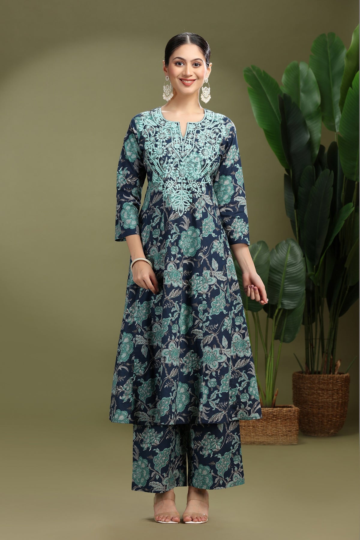 Navy Blue Cotton Embroidered Straight Kurta Pant Co ord Set