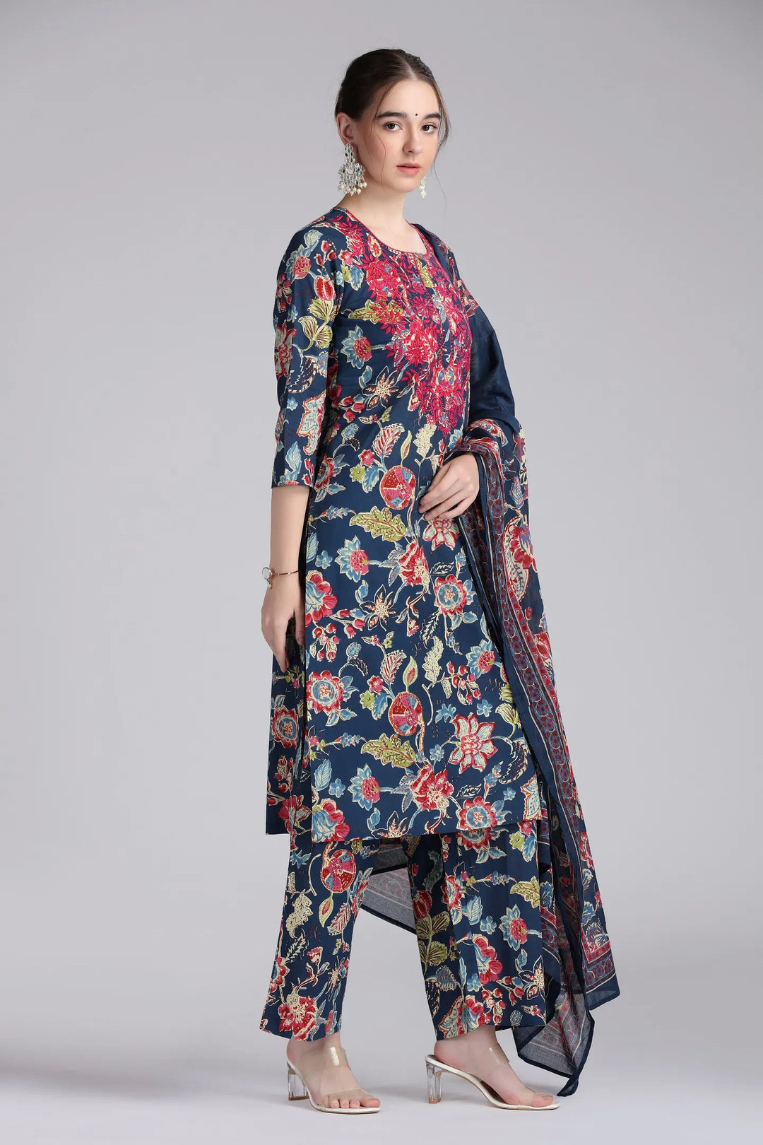 Navy Blue Cotton Embroidered Straight Kurta Pant and Dupatta Suit Set