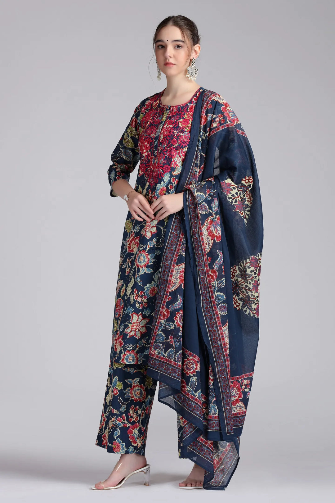 Navy Blue Cotton Embroidered Straight Kurta Pant and Dupatta Suit Set