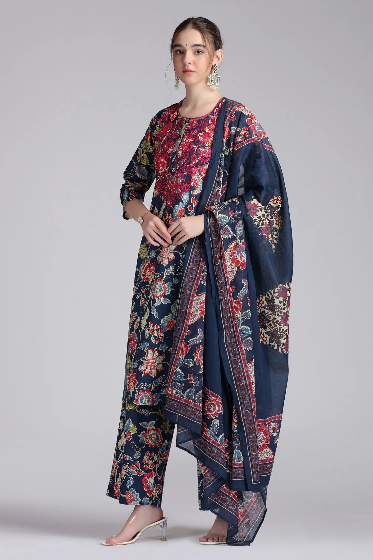 Navy Blue Cotton Embroidered Straight Kurta Pant and Dupatta Suit Set