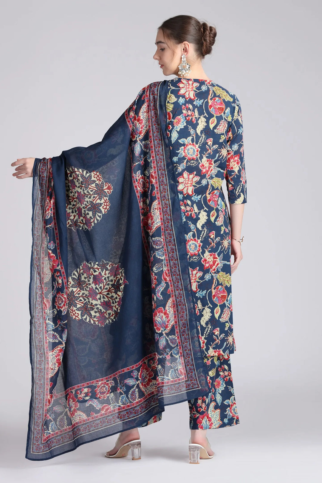 Navy Blue Cotton Embroidered Straight Kurta Pant and Dupatta Suit Set