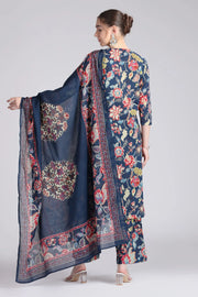 Navy Blue Cotton Embroidered Straight Kurta Pant and Dupatta Suit Set