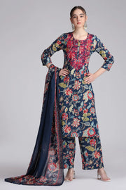 Navy Blue Cotton Embroidered Straight Kurta Pant and Dupatta Suit Set