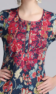 Navy Blue Cotton Embroidered Straight Kurta Pant and Dupatta Suit Set