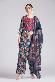 Navy Blue Cotton Embroidered Straight Kurta Pant and Dupatta Suit Set