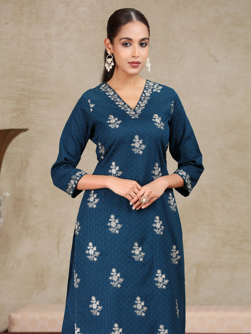 Navy Blue Embroidered Straight Co-ord Set
