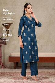 Navy Blue Embroidered Straight Co-ord Set