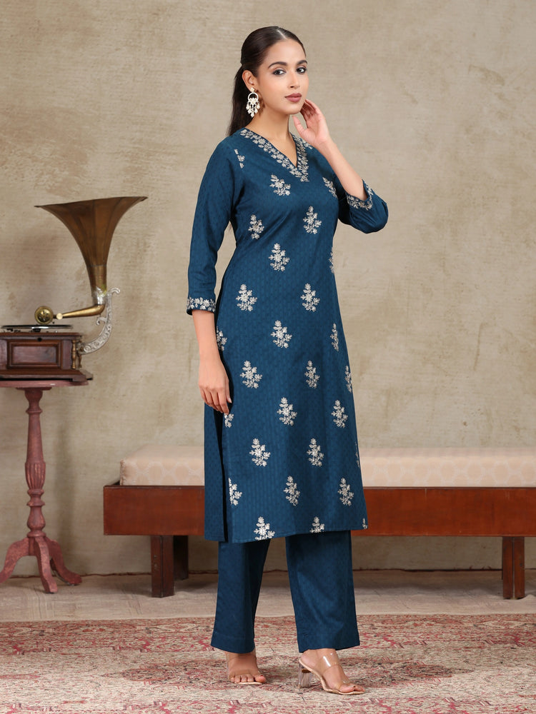 Navy Blue Embroidered Straight Co-ord Set