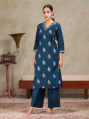 Navy Blue Embroidered Straight Co-ord Set