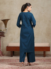 Navy Blue Embroidered Straight Co-ord Set