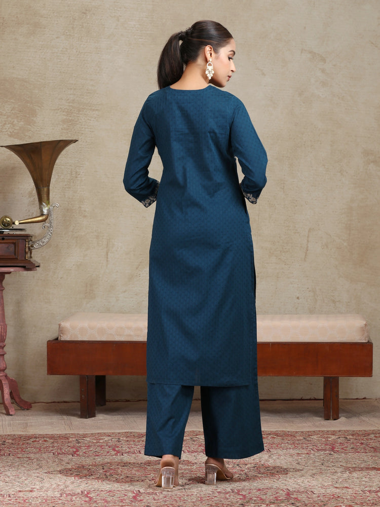 Navy Blue Embroidered Straight Co-ord Set