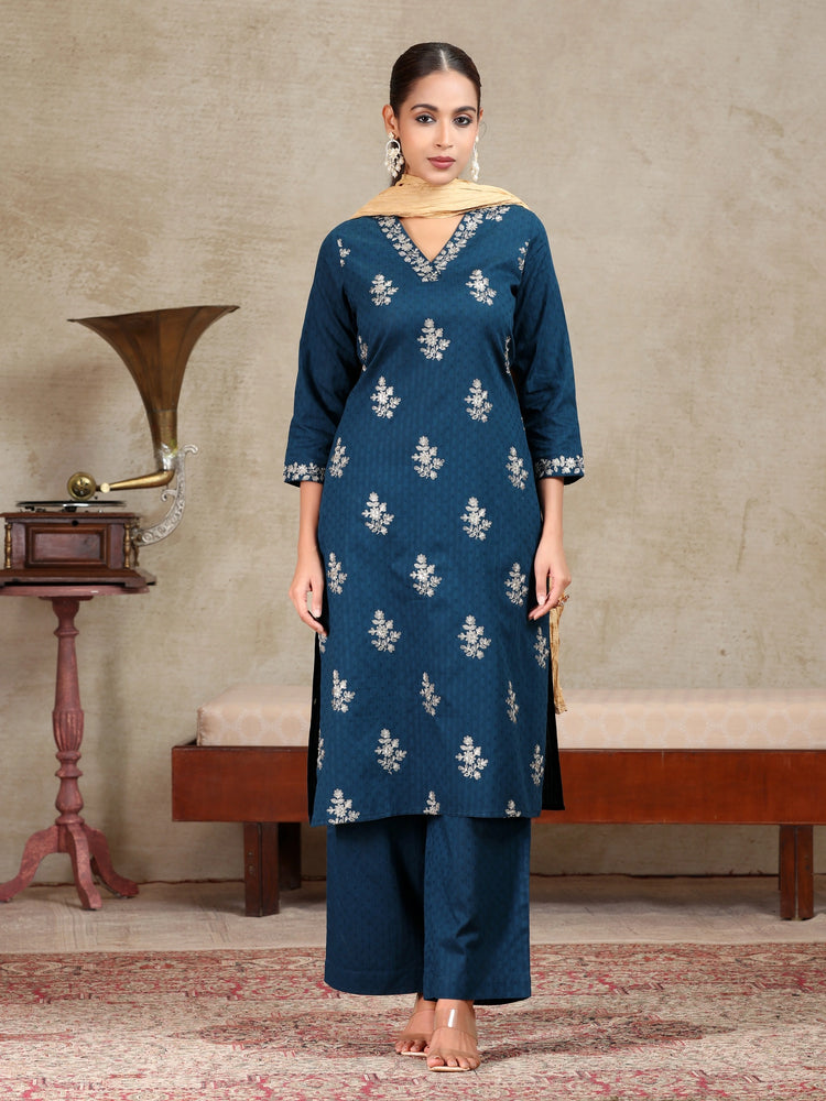Navy Blue Embroidered Straight Co-ord Set