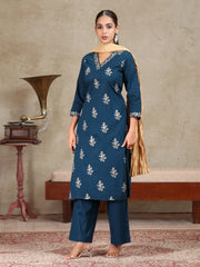 Navy Blue Embroidered Straight Co-ord Set