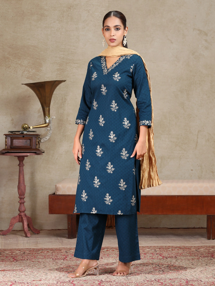 Navy Blue Embroidered Straight Co-ord Set