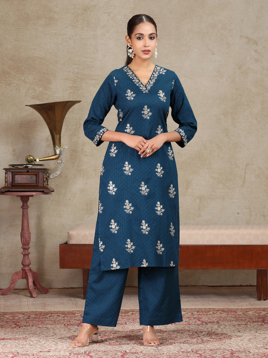 Navy Blue Embroidered Straight Co-ord Set