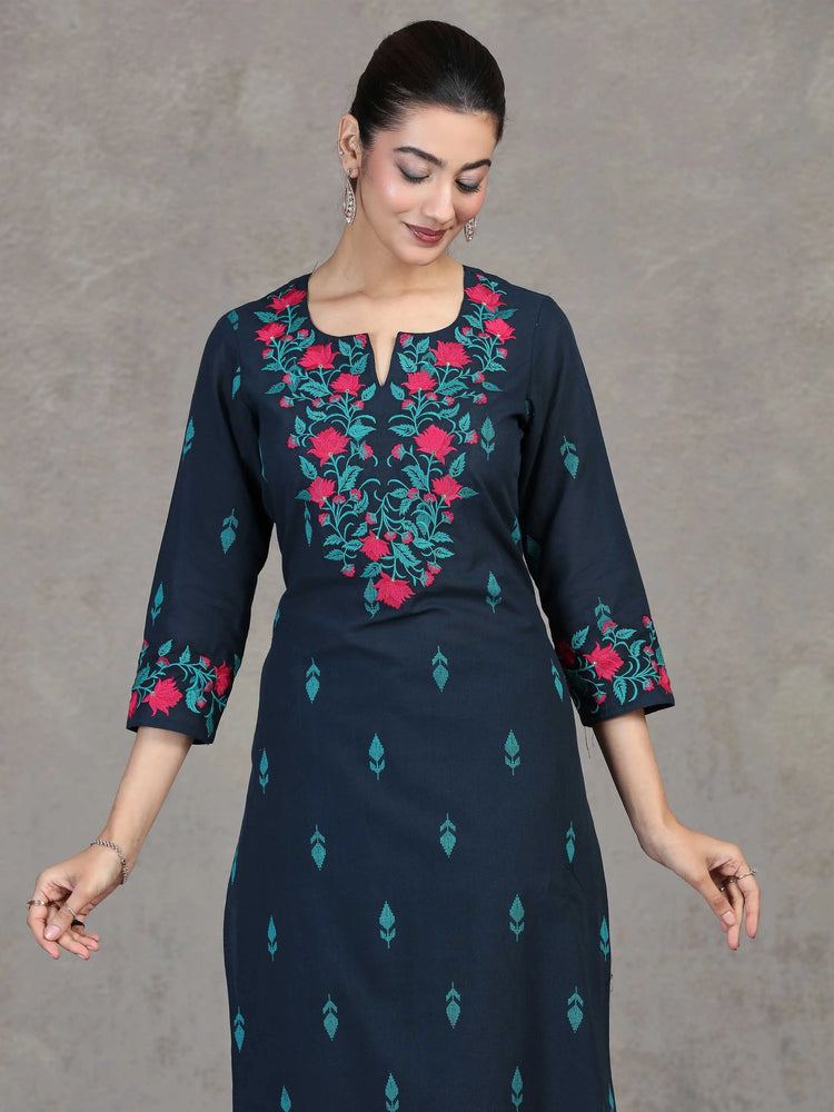 Navy Blue Embroidered Straight Cotton Co-ord Set