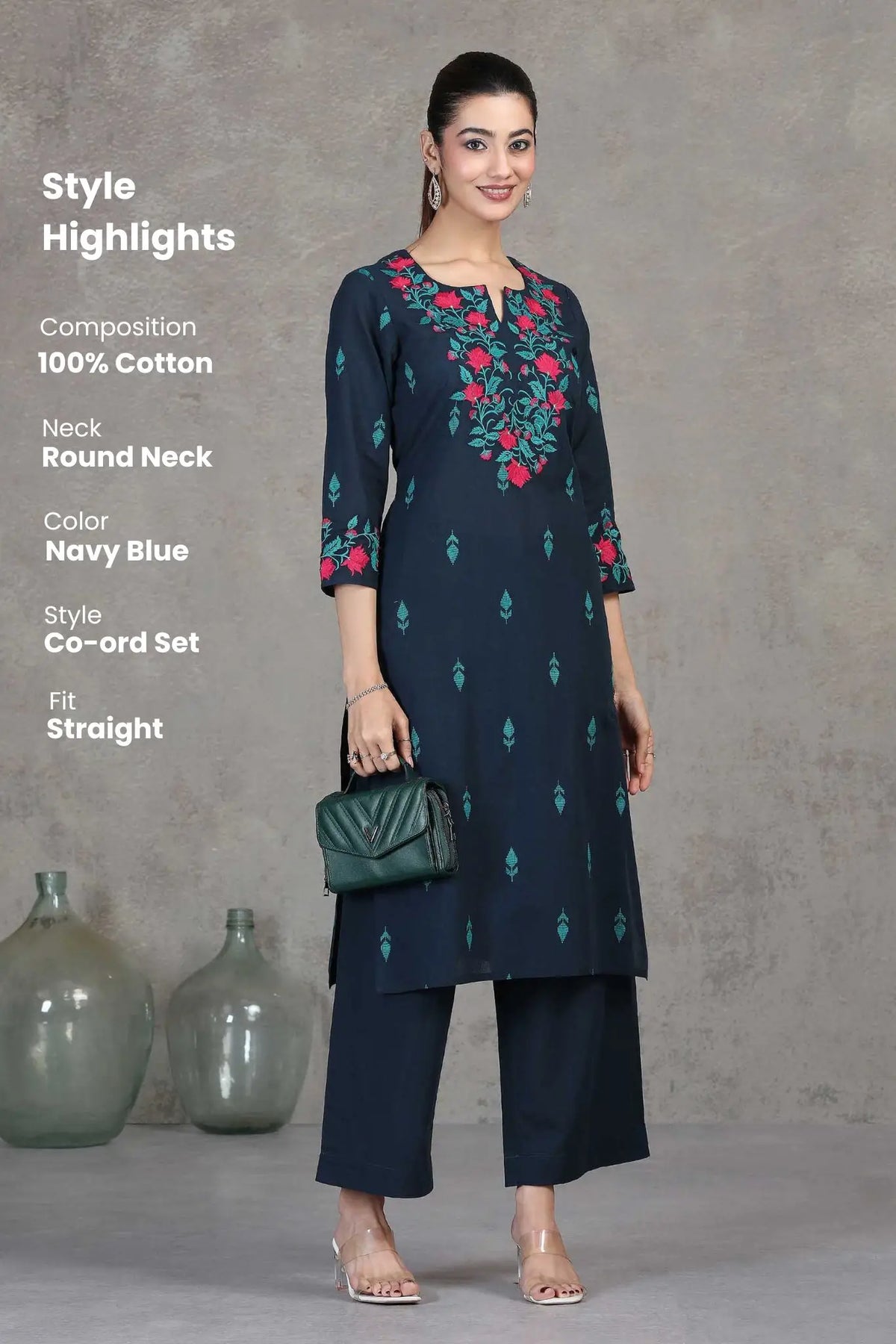 Navy Blue Embroidered Straight Cotton Co-ord Set