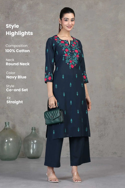 Navy Blue Embroidered Straight Cotton Co-ord Set