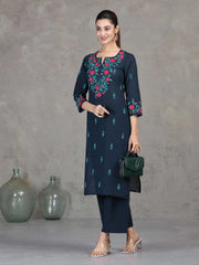 Navy Blue Embroidered Straight Cotton Co-ord Set
