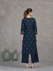 Navy Blue Embroidered Straight Cotton Co-ord Set