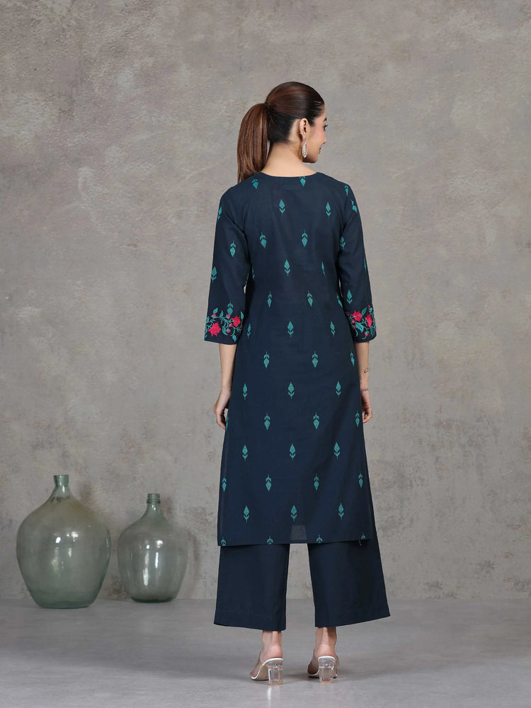 Navy Blue Embroidered Straight Cotton Co-ord Set
