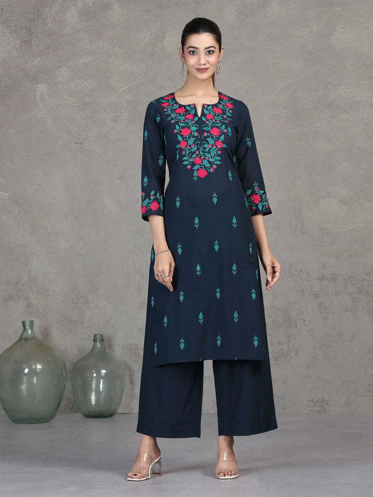 Navy Blue Embroidered Straight Cotton Co-ord Set
