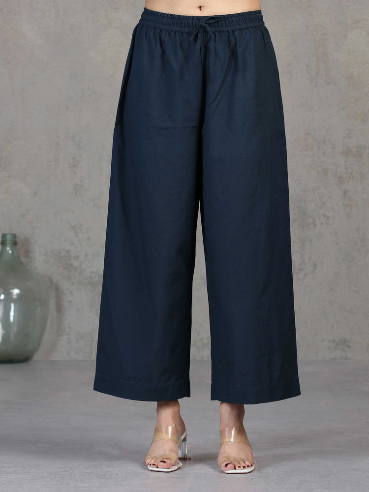 Navy Blue Embroidered Straight Cotton Co-ord Set