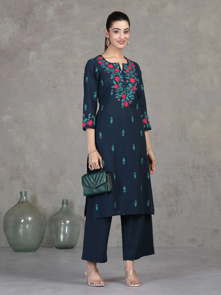 Navy Blue Embroidered Straight Cotton Co-ord Set