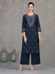 Navy Blue Embroidered Straight Cotton Co-ord Set